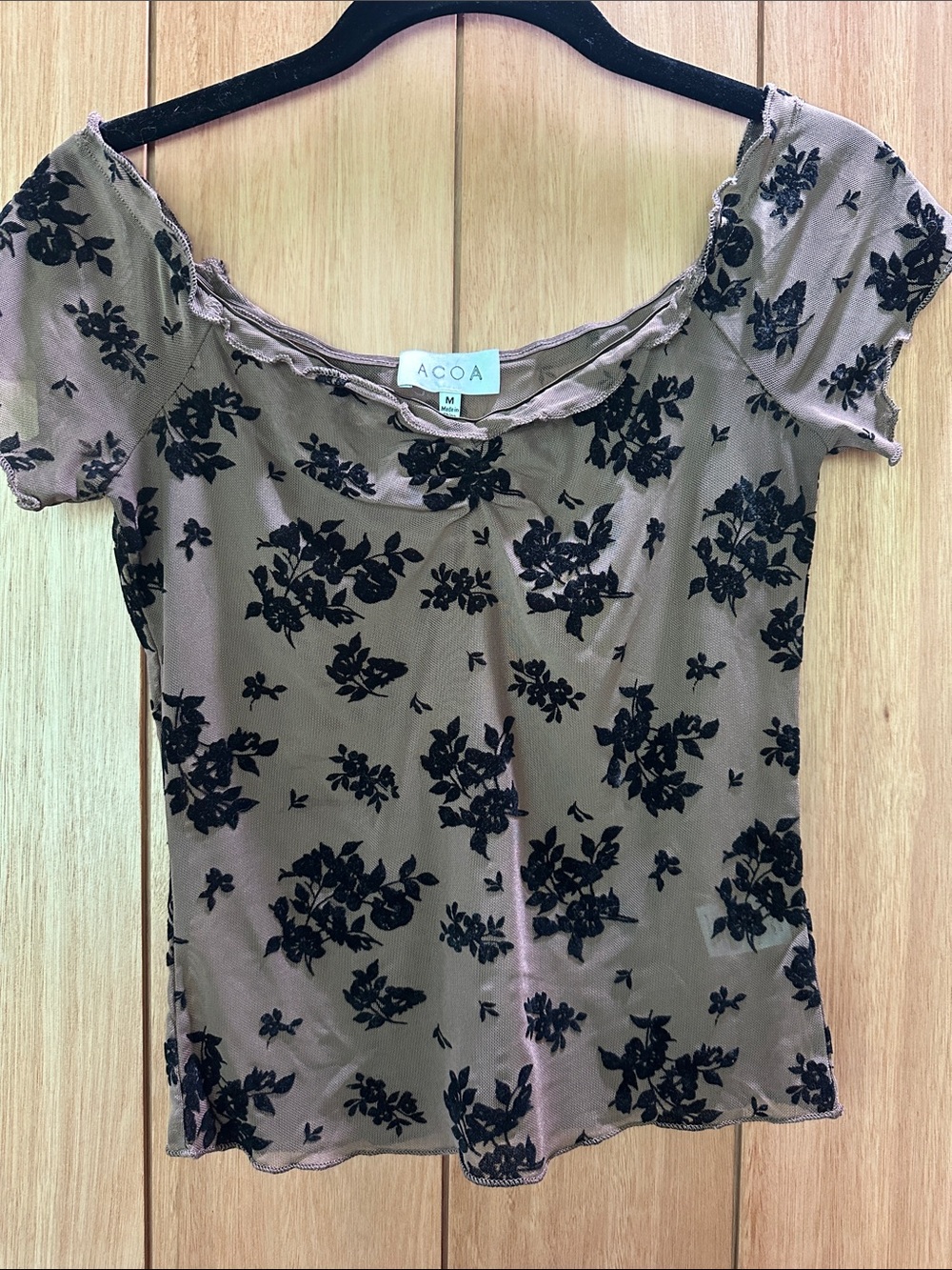 ACOA Semi-Sheer Taupe Floral Velvet Burnout Scoop Neck Top
